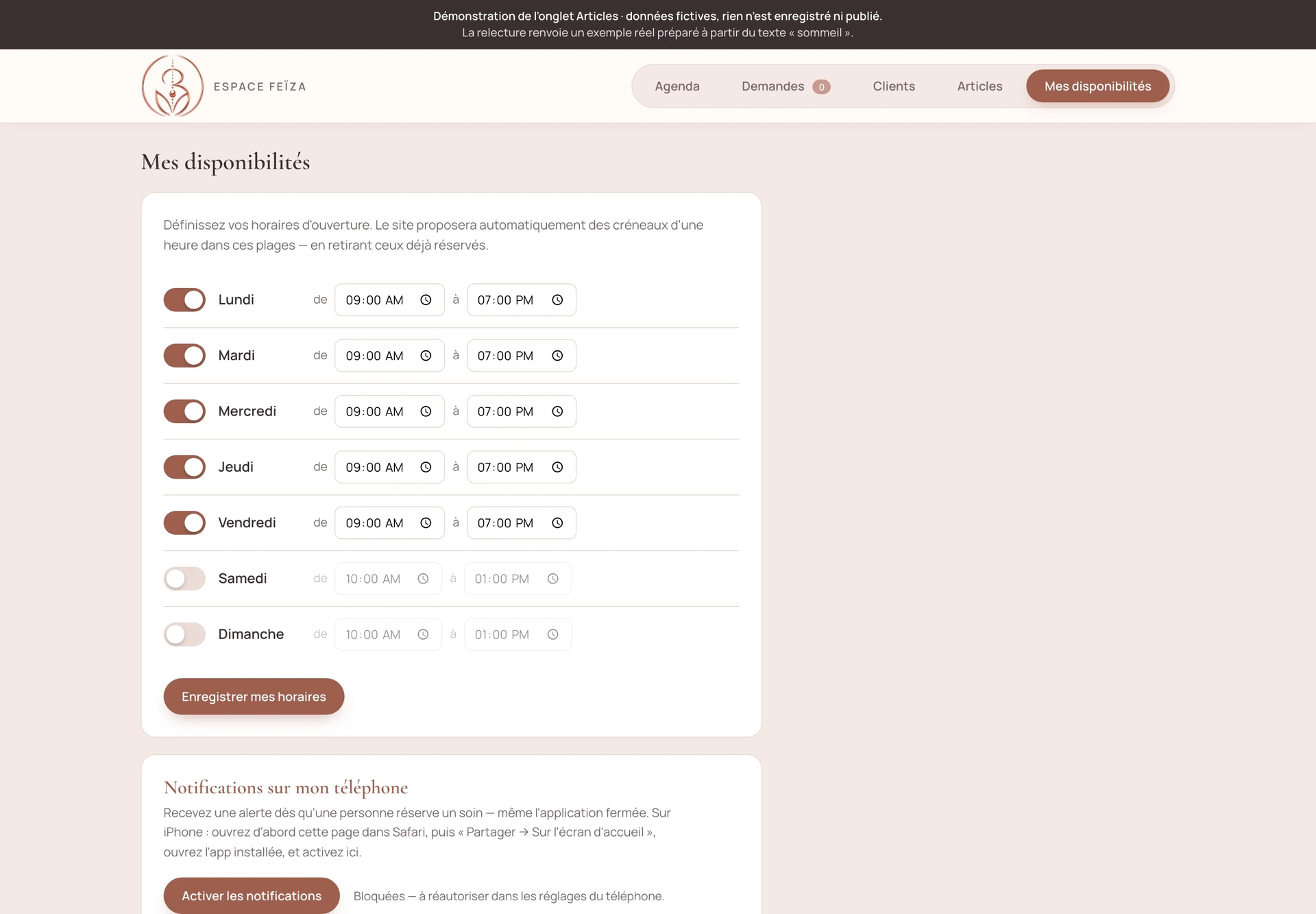Les disponibilités du cabinet Feïza : horaires et dates exceptionnelles.