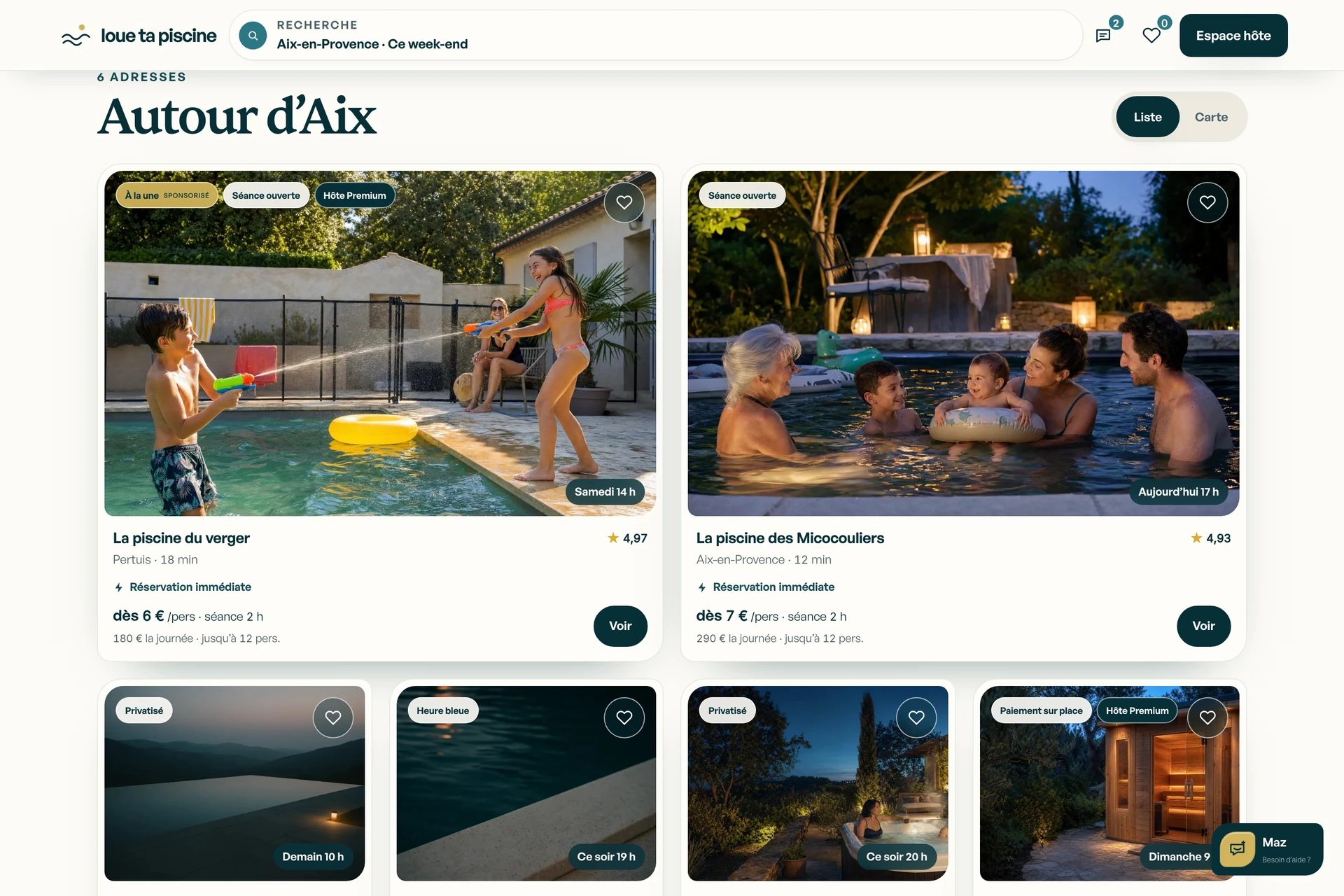 Les créneaux et les inspirations de baignade dans la page de découverte.