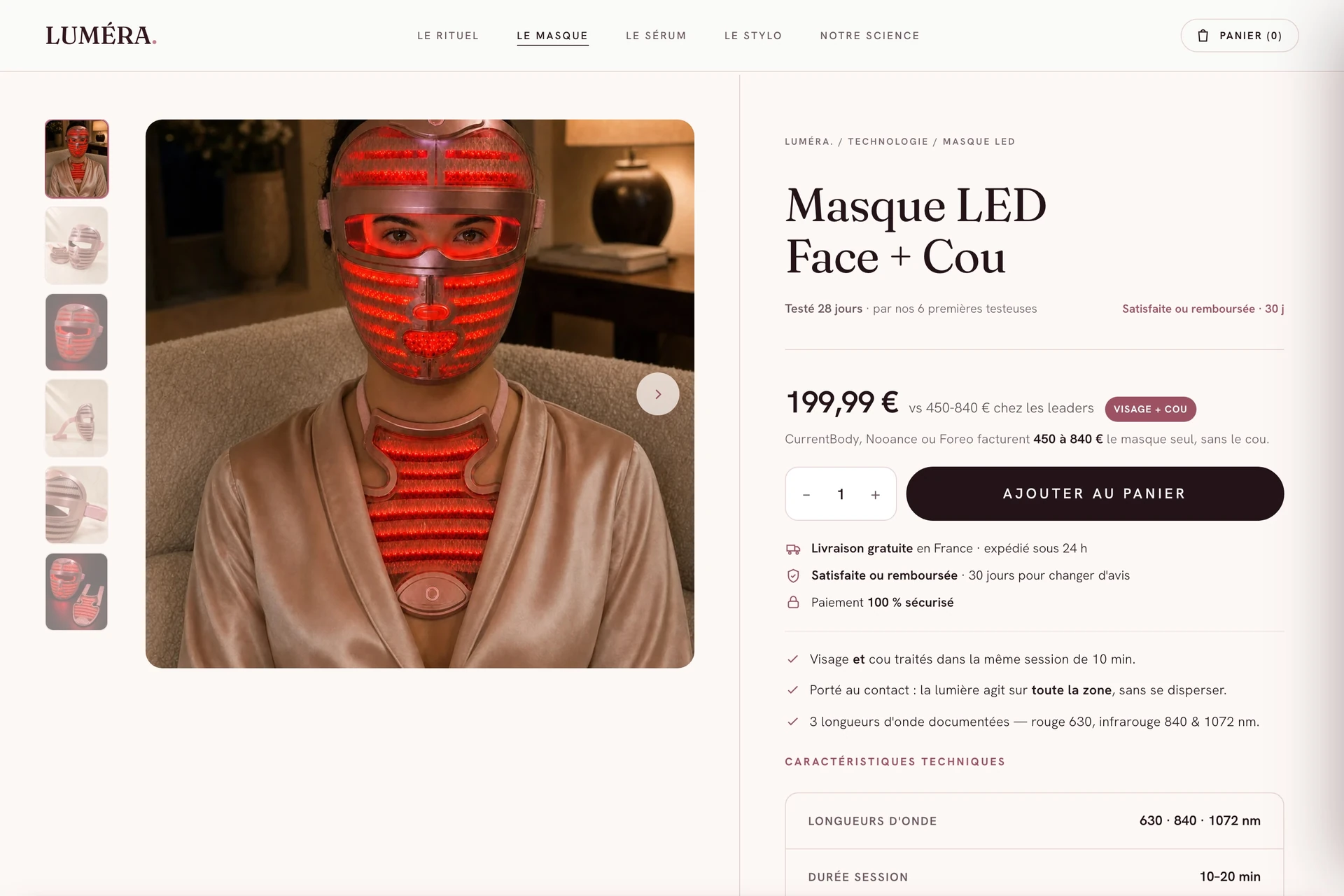 La fiche du masque : galerie produit, informations et ajout au panier dans la version web présentée.