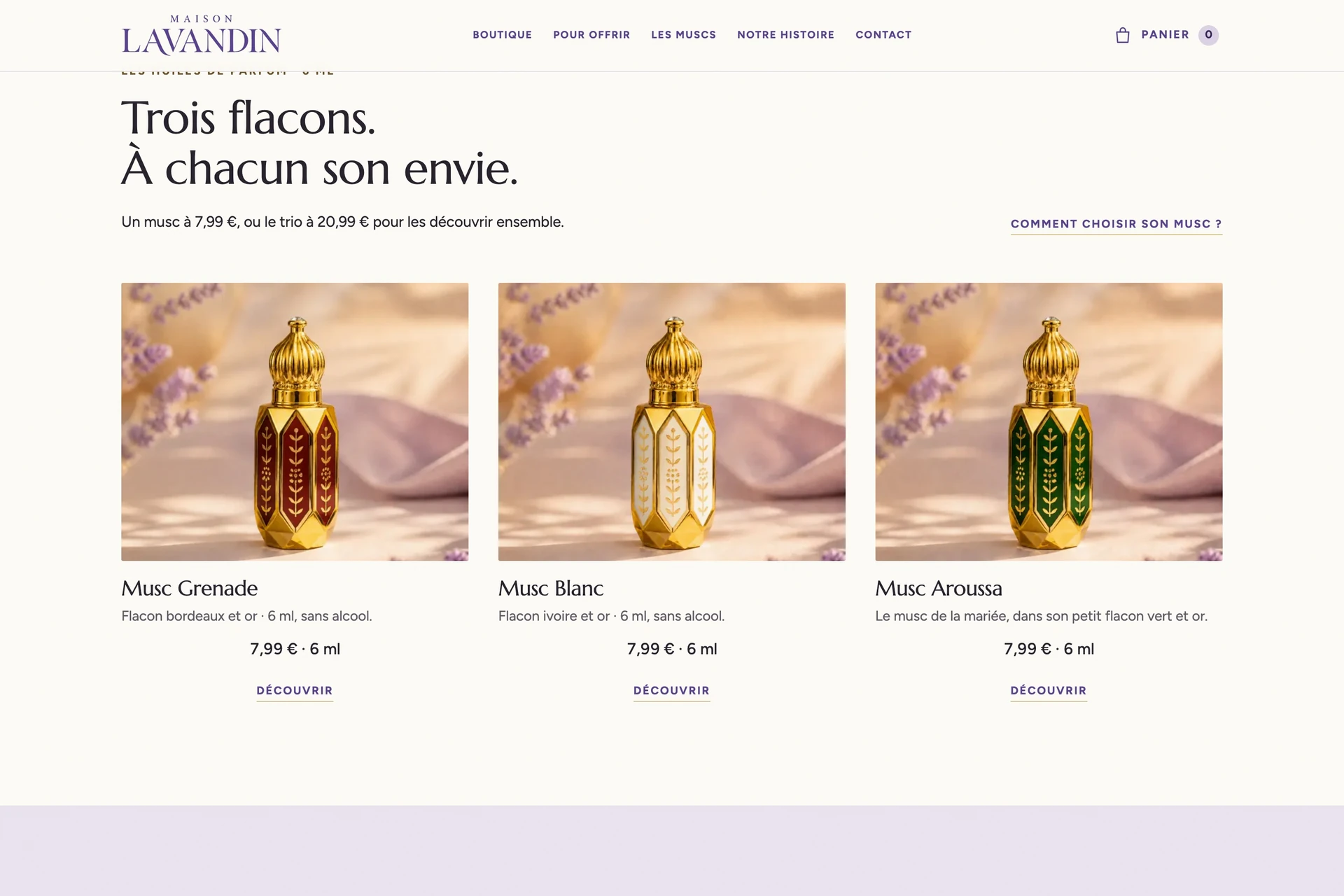 La sélection de produits : photographies coordonnées, descriptions et ajout au panier.