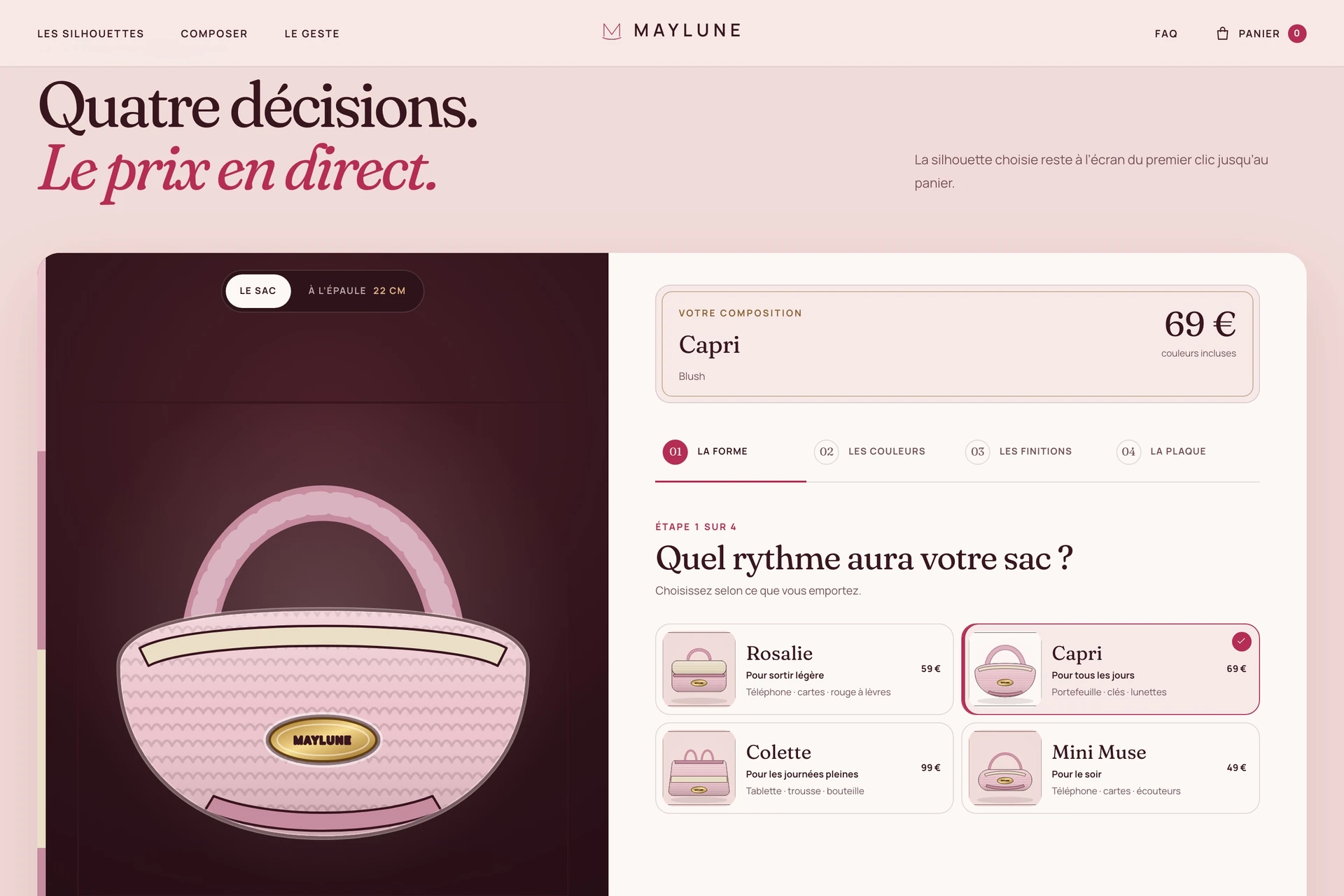 L’atelier de composition : choisir la forme, les couleurs et les finitions du sac.