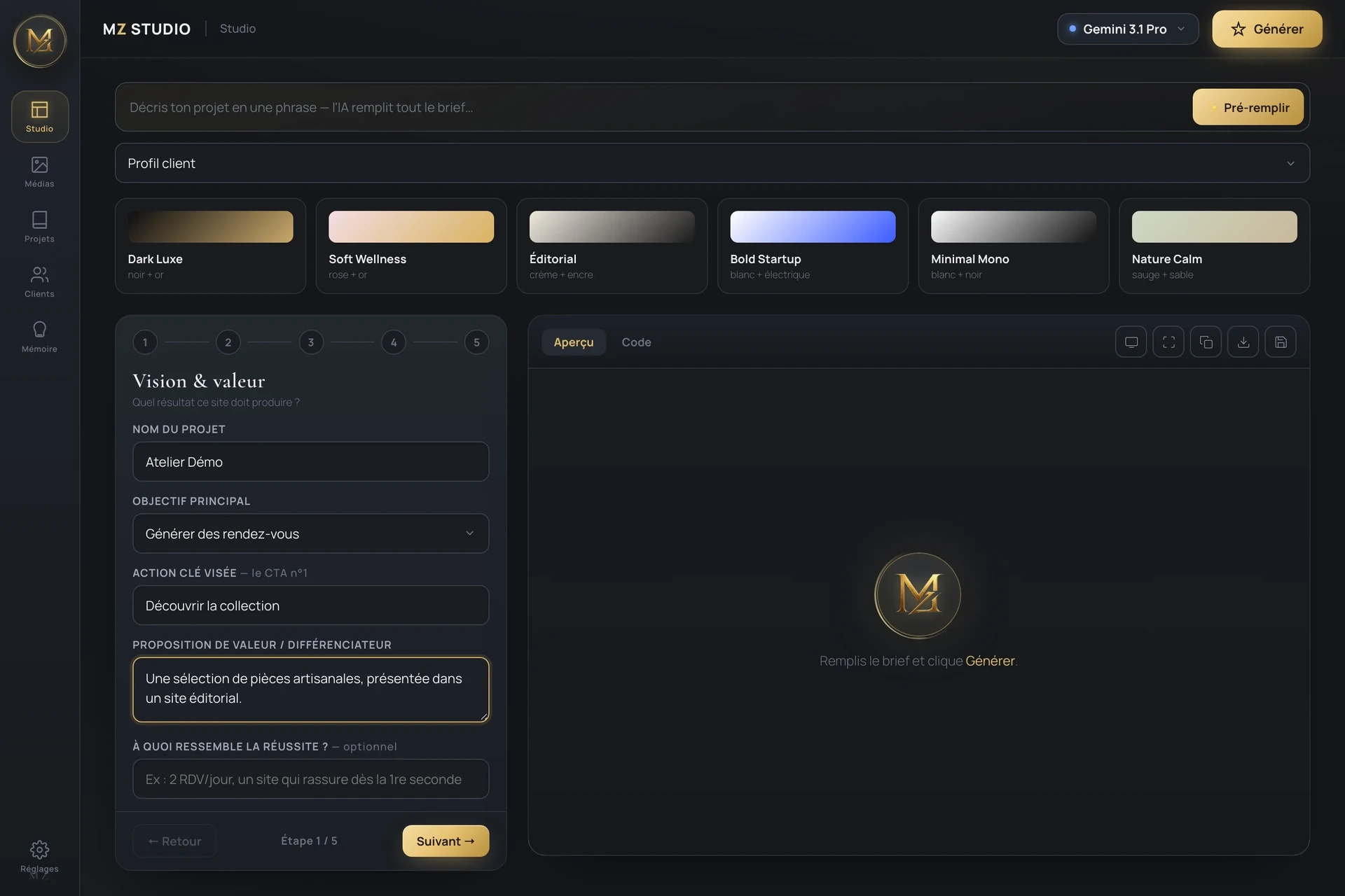 Interface réelle de MZ Studio avant génération, avec un brief fictif et sans données client.